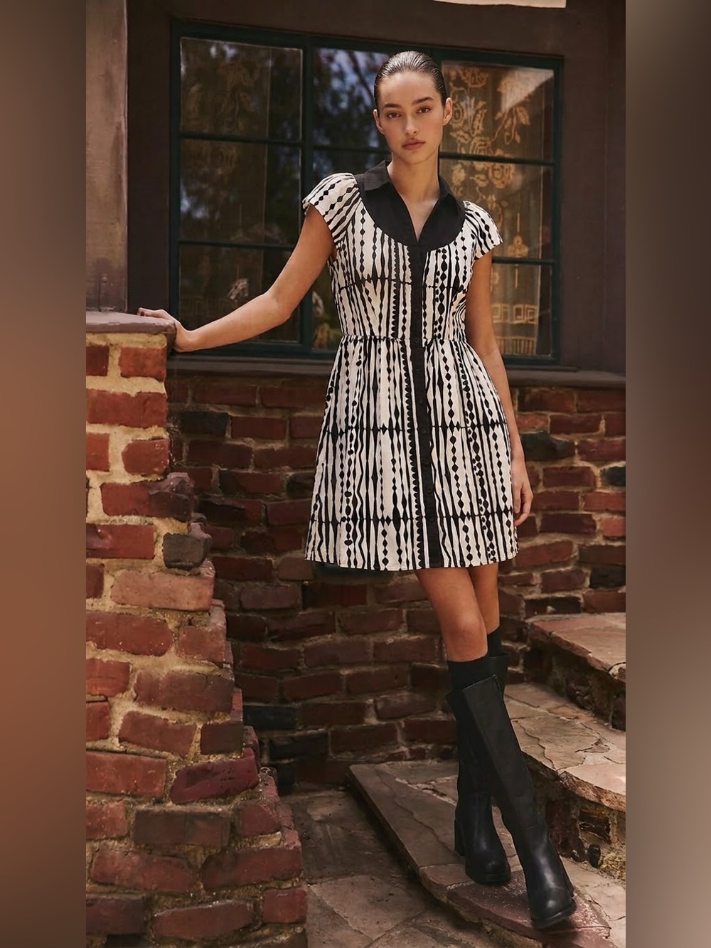 Anthropologie Geometric Black/Cream Corduroy Shirt Dress Size 10 Medium Mod Twee